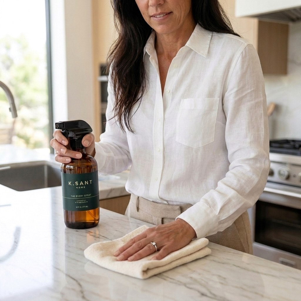 Wiping the kitchen counter with The Every Spray